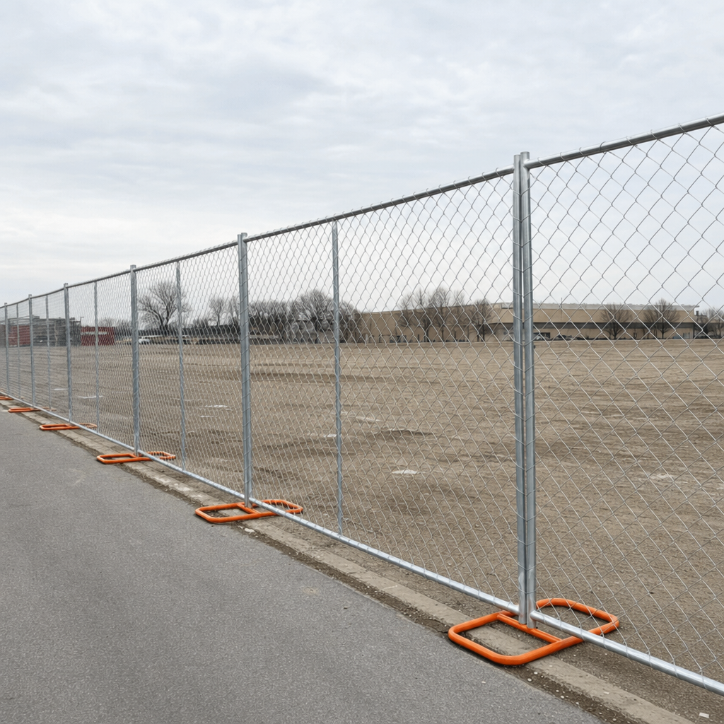 Galvanized temporary fence panels securing an open jobsite along a quiet metro street