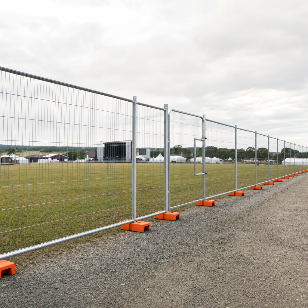 Event perimeter fencing lining the edge of an outdoor festival ground